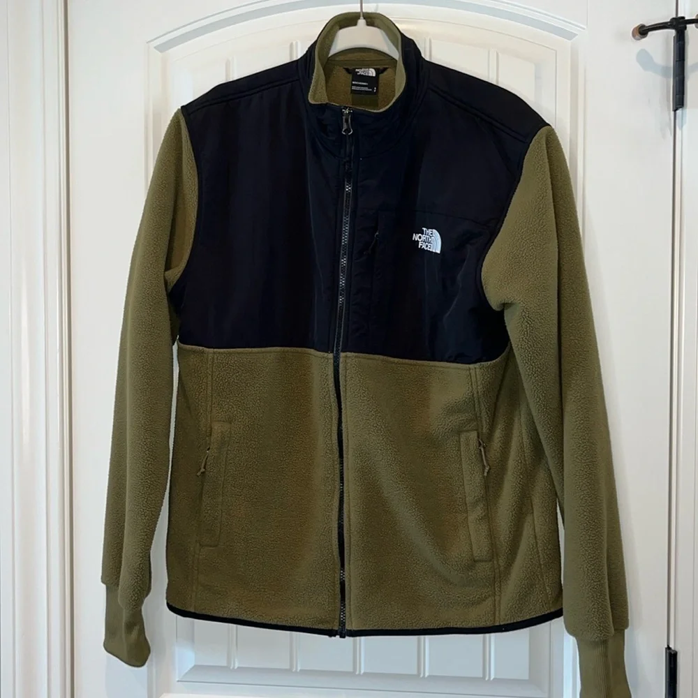 Olive green and black men Northface fleece full zip jacket size M